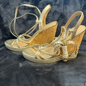 Express Gold Braided Cork Wedge Sandals